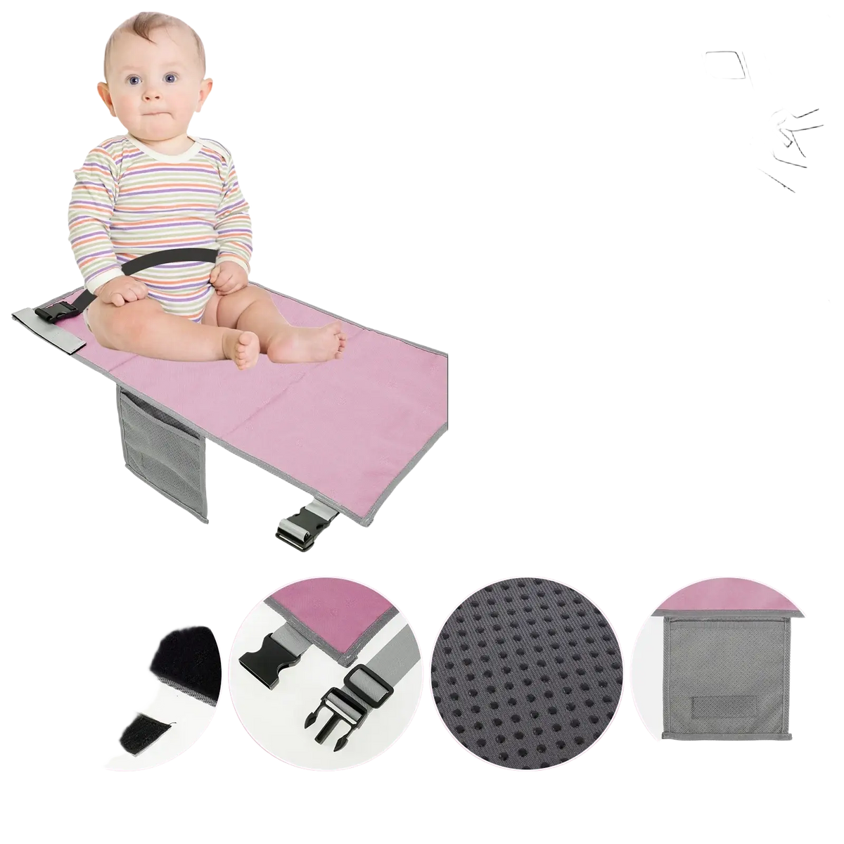 Toddler airplane seat extender travel footrest in pink and gray with adjustable straps non-slip grip and bottle holder pocket