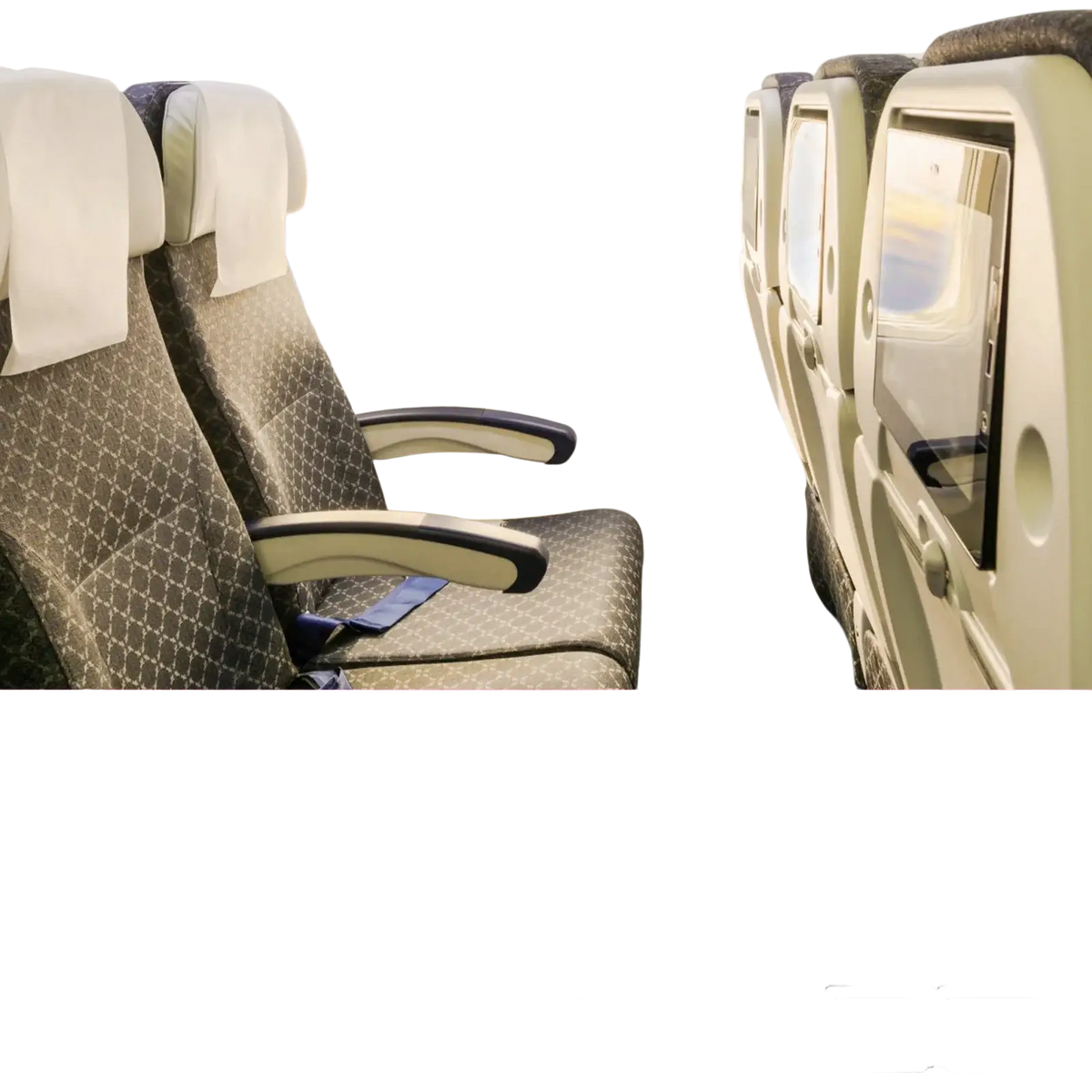 Window seat with patterned fabric upholstery and attached tray table for toddler airplane seat extender travel footrest