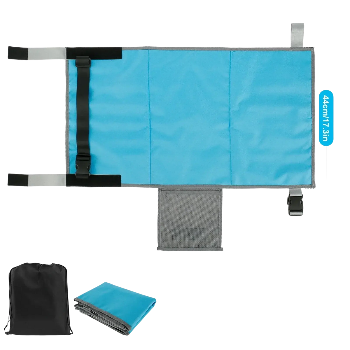 Blue toddler airplane seat extender travel footrest with gray trim and black straps for easy carrying in portable bag