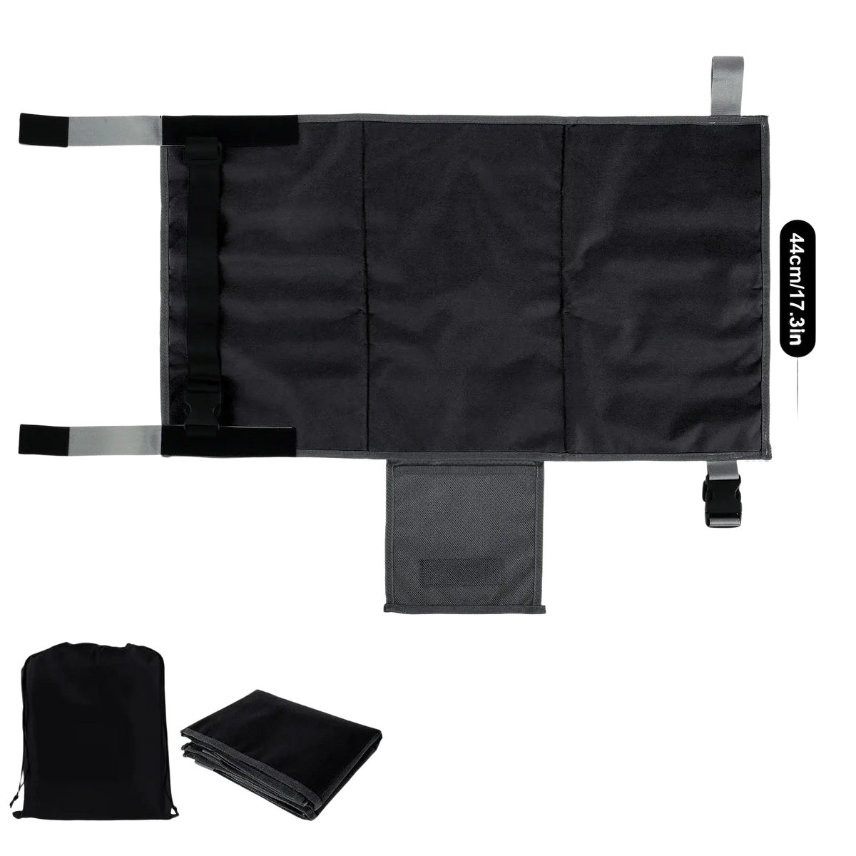 Black toddler airplane seat extender travel footrest with adjustable straps and foldable portable storage bag