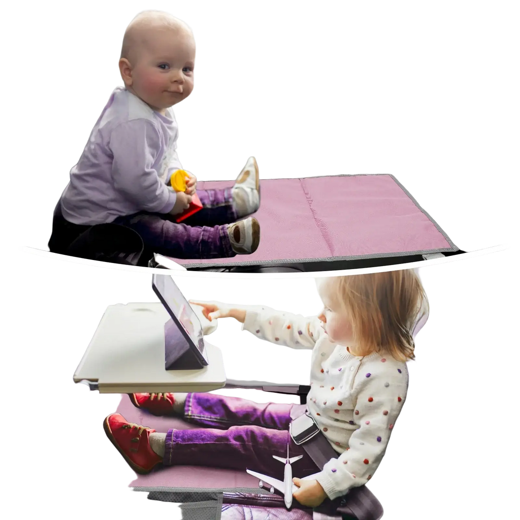 Pink toddler airplane seat extender travel footrest with foldable tray table non-slip surface and easy-clean fabric