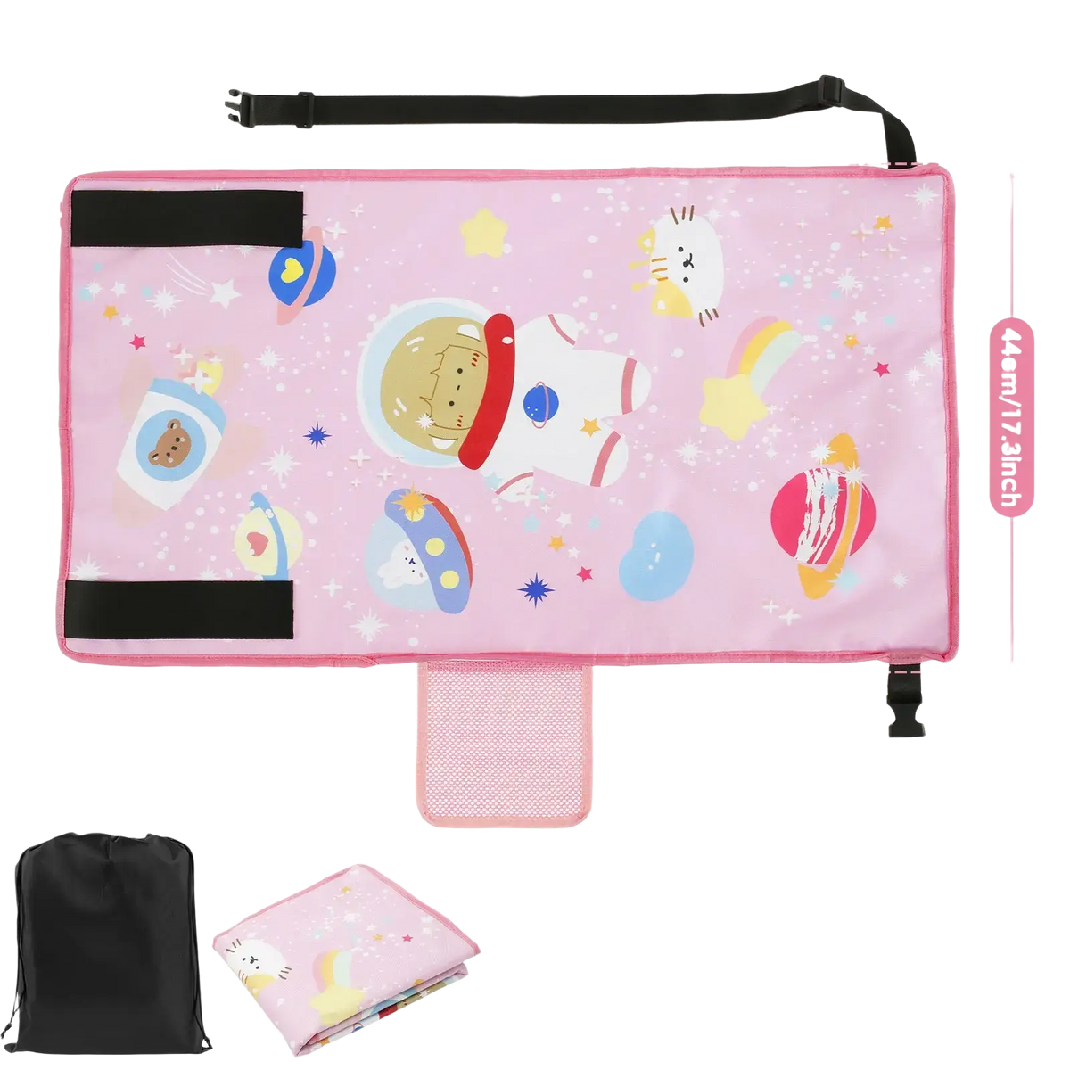 Pink astronaut-themed toddler airplane seat extender travel footrest with black straps and mesh pocket storage bag