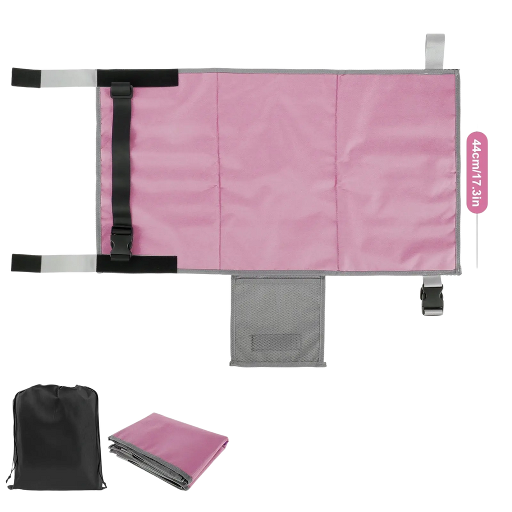 Pink and gray toddler airplane seat extender travel footrest with adjustable straps and portable storage bag for easy carrying