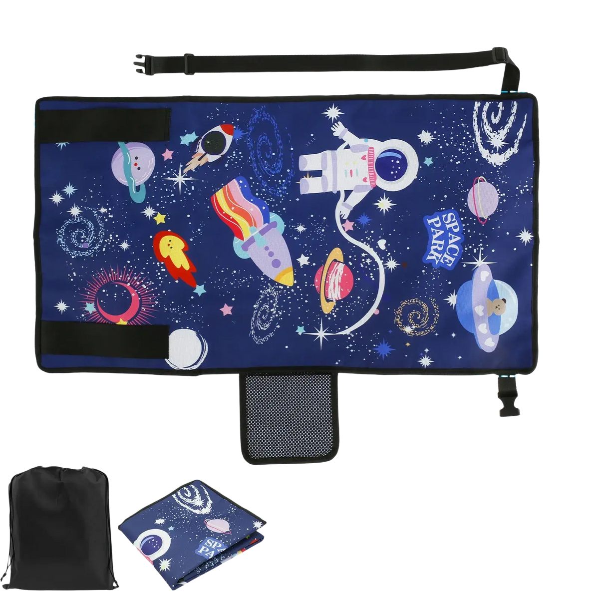 A navy blue toddler airplane seat extender travel footrest bag with a vibrant space-themed design of astronauts and rockets