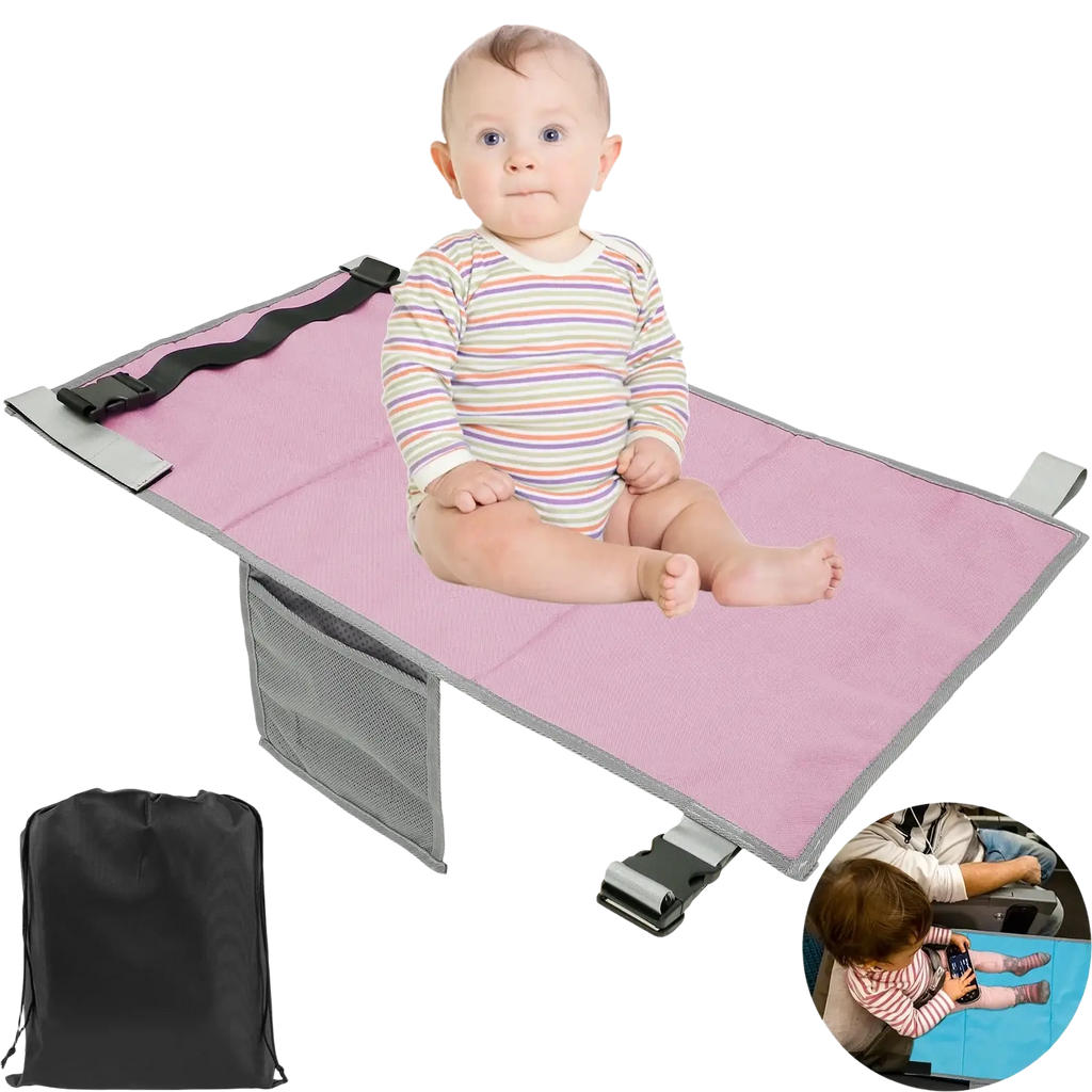 Pink toddler airplane seat extender travel footrest with gray mesh side pocket and black adjustable straps safety pad
