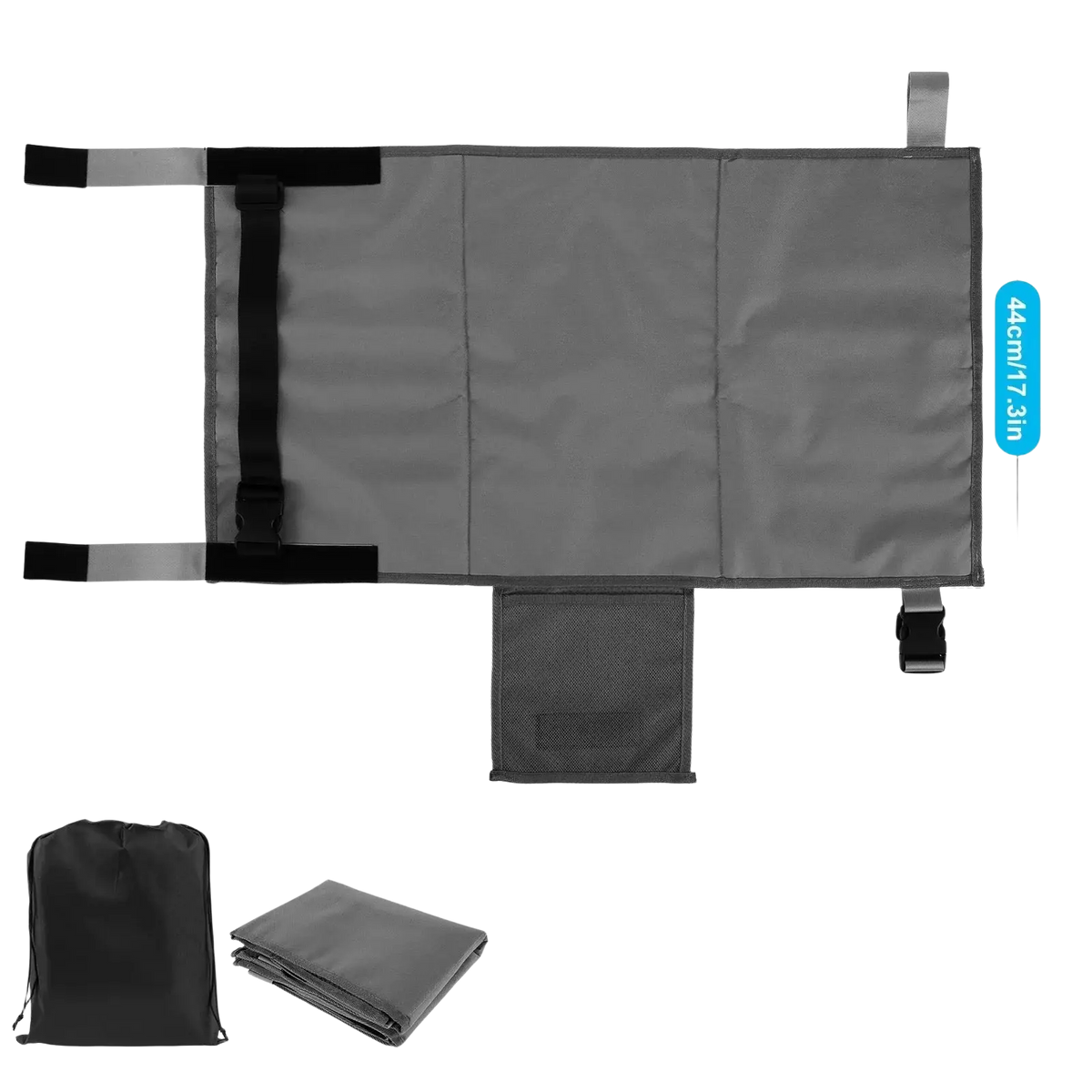 Gray durable fabric toddler airplane seat extender travel footrest with black straps and buckle closures