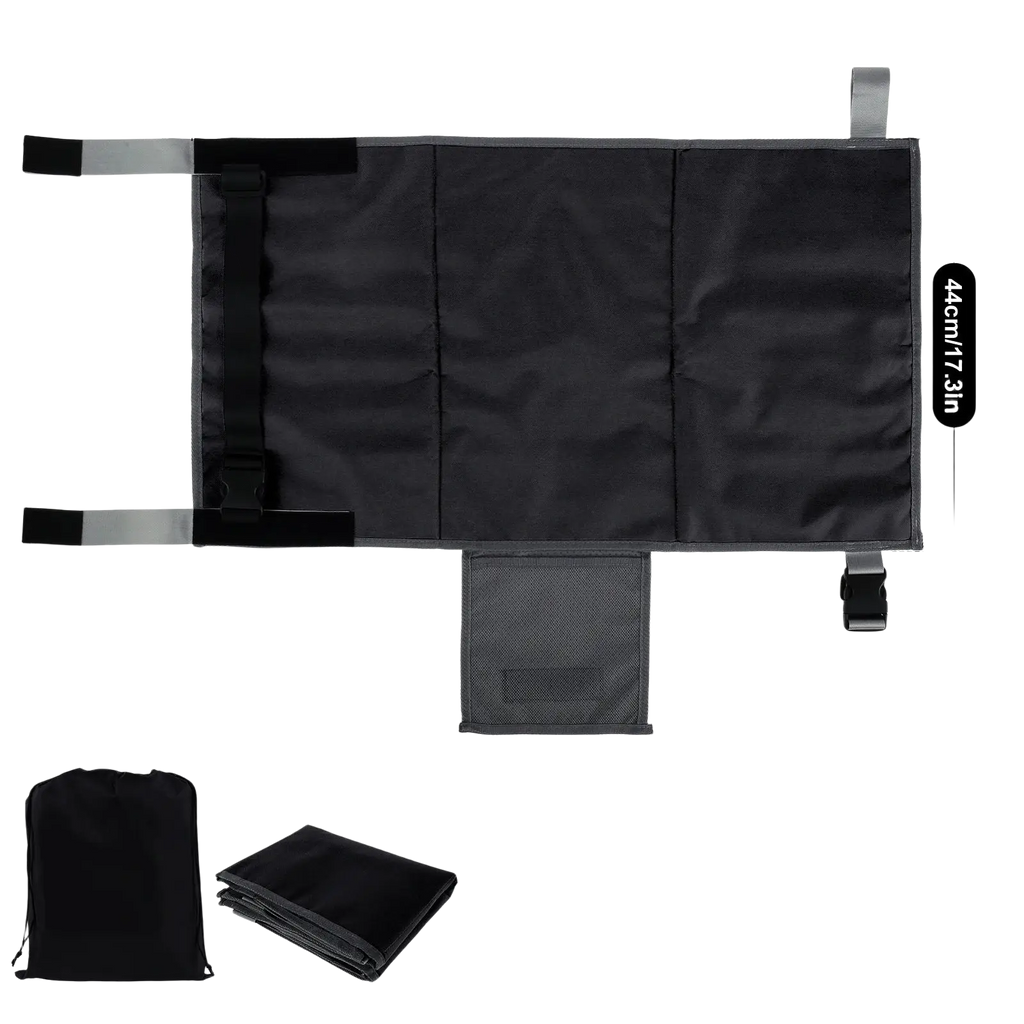 Black toddler airplane seat extender travel footrest with adjustable straps mesh pocket and portable storage bag