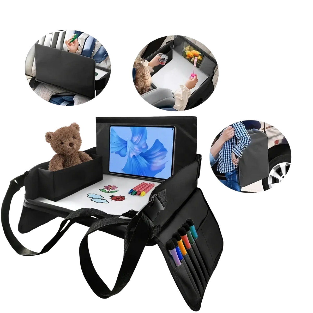 Black kids travel car seat tray with tablet holder, storage pockets for crayons, and a plush teddy bear inside compartment