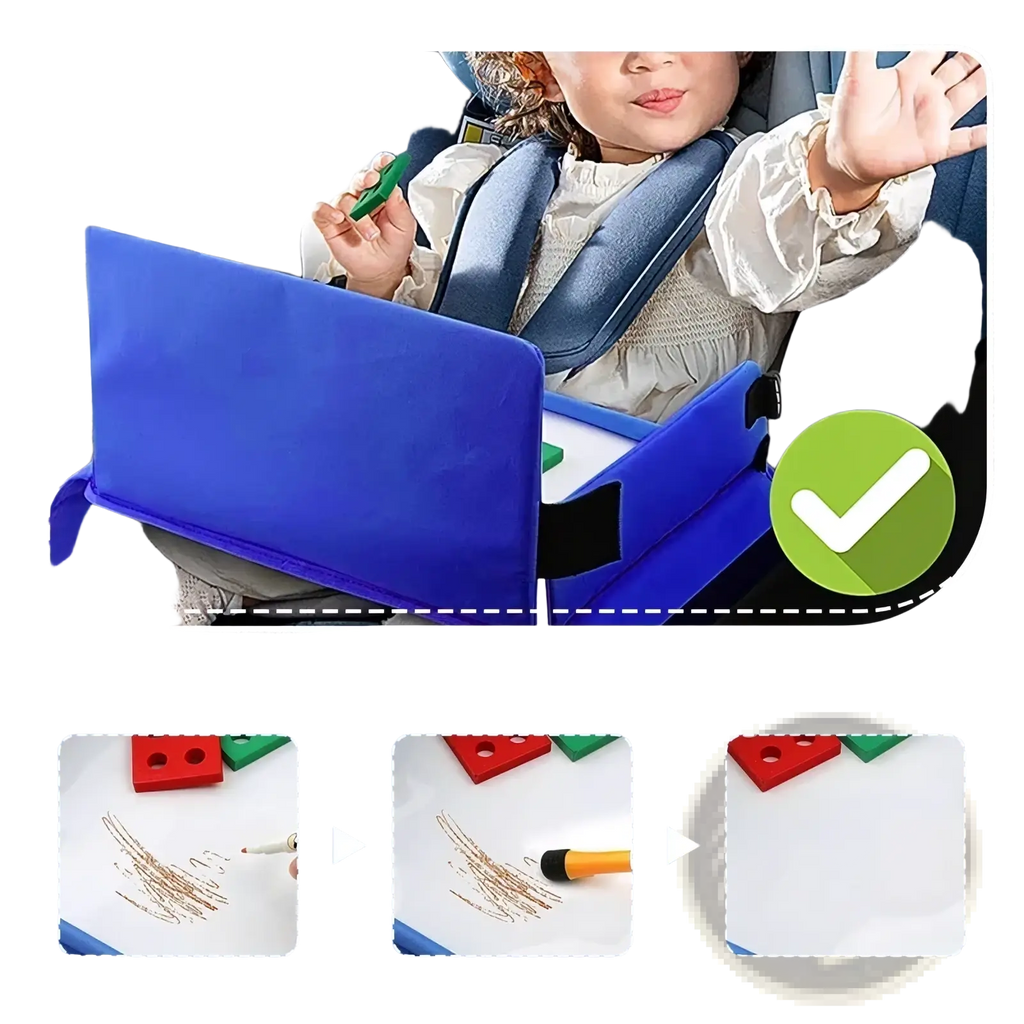 Blue child-safe car seat activity tray with built-in drawing surface and storage compartments for kids travel use