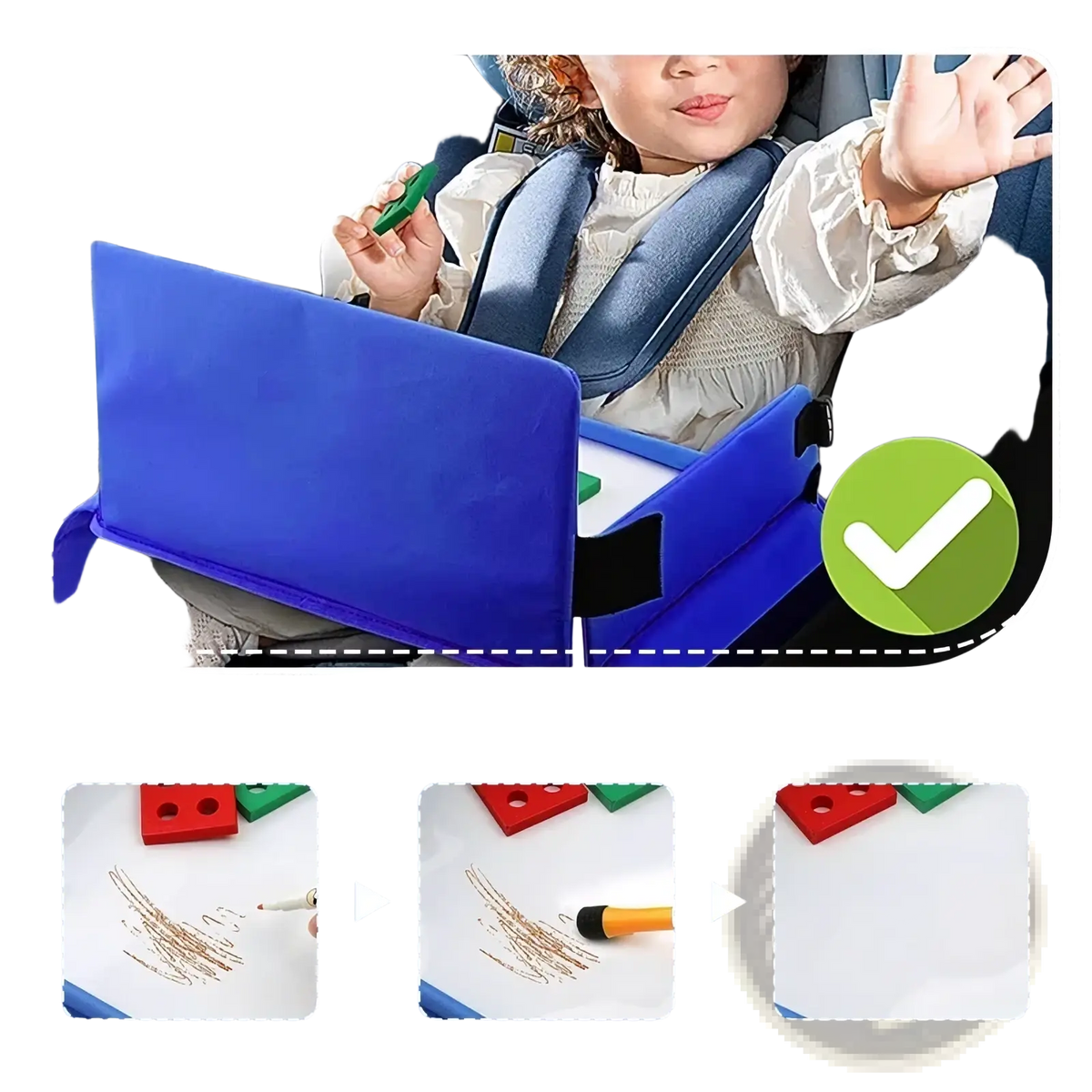 Blue child-safe car seat activity tray with built-in drawing surface and storage compartments for kids travel use