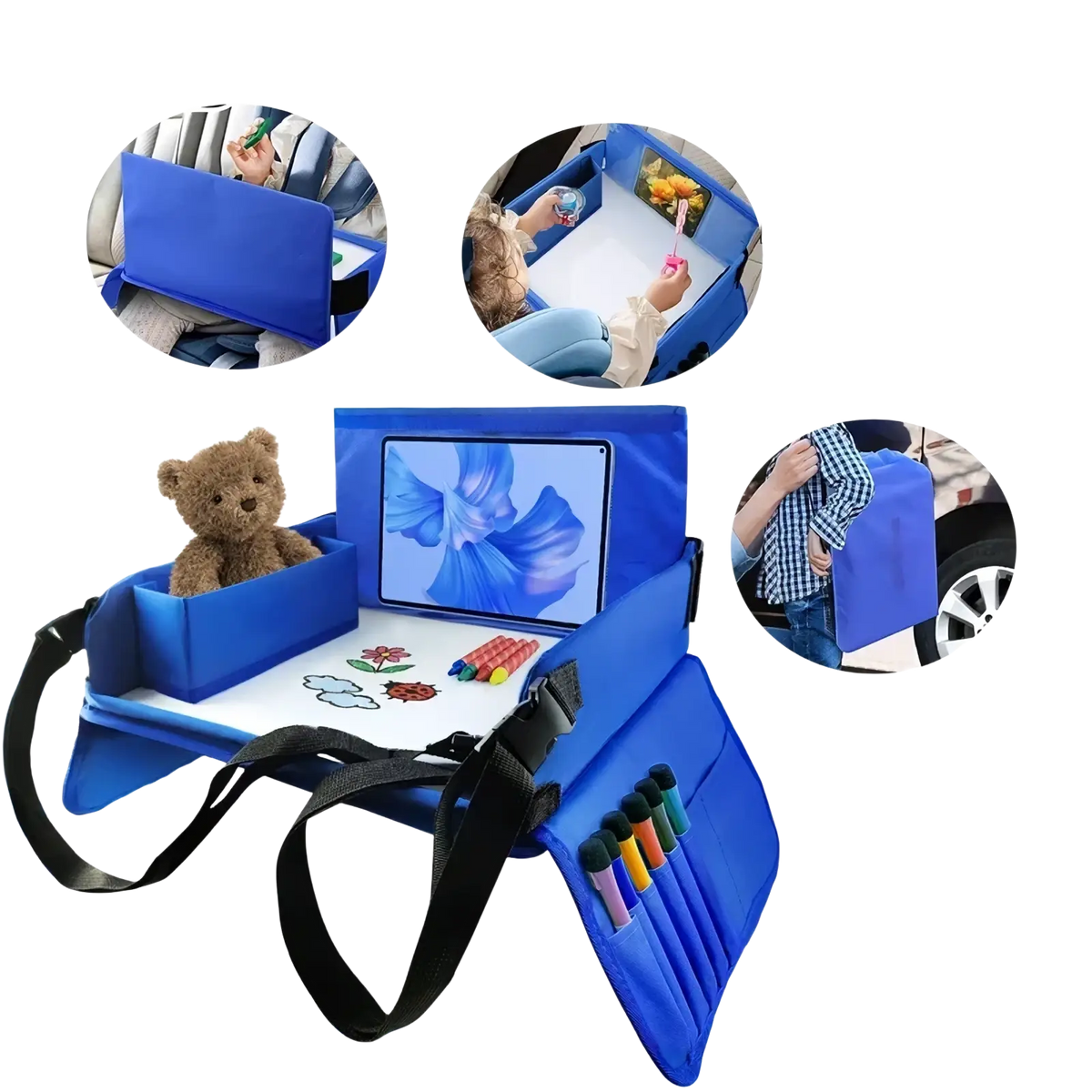 Blue kids travel car seat tray with tablet holder storage compartments and adjustable straps for toys and crayons