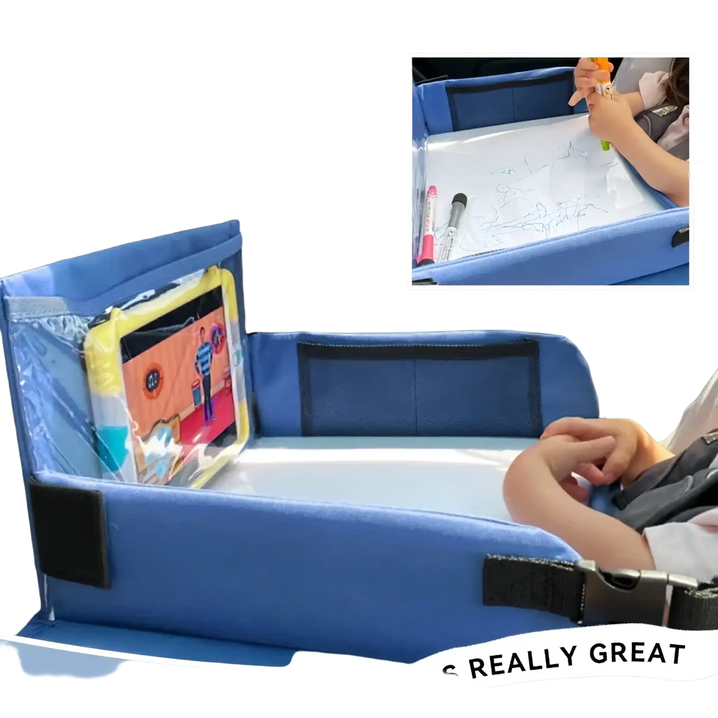 Blue fabric kids travel car seat tray with clear plastic tablet compartment and attached whiteboard drawing surface