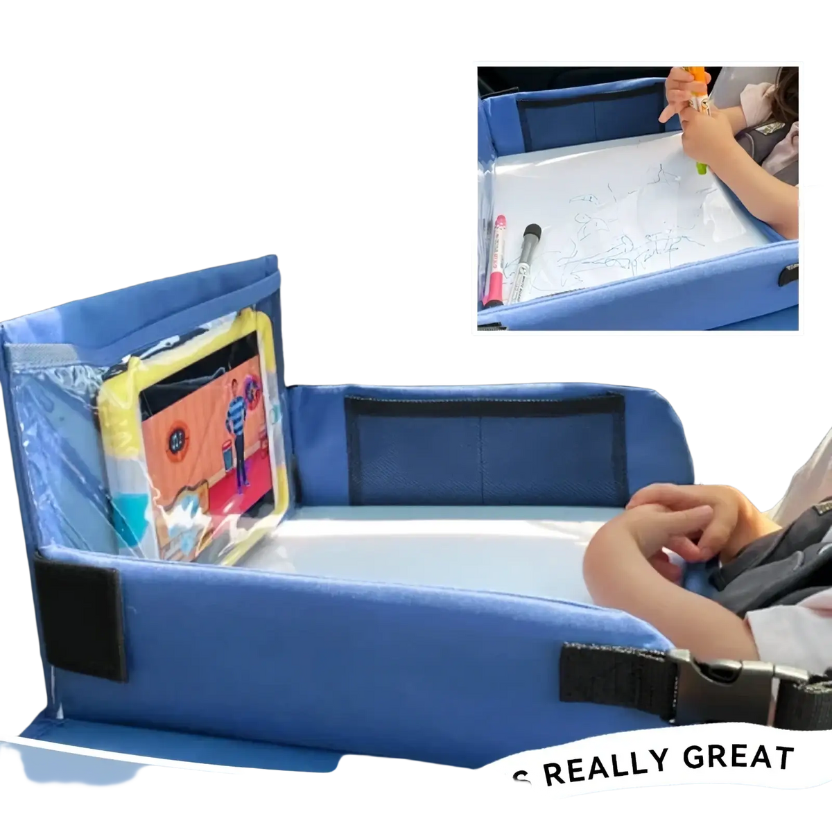 Blue fabric kids travel car seat tray with clear plastic tablet compartment and attached whiteboard drawing surface