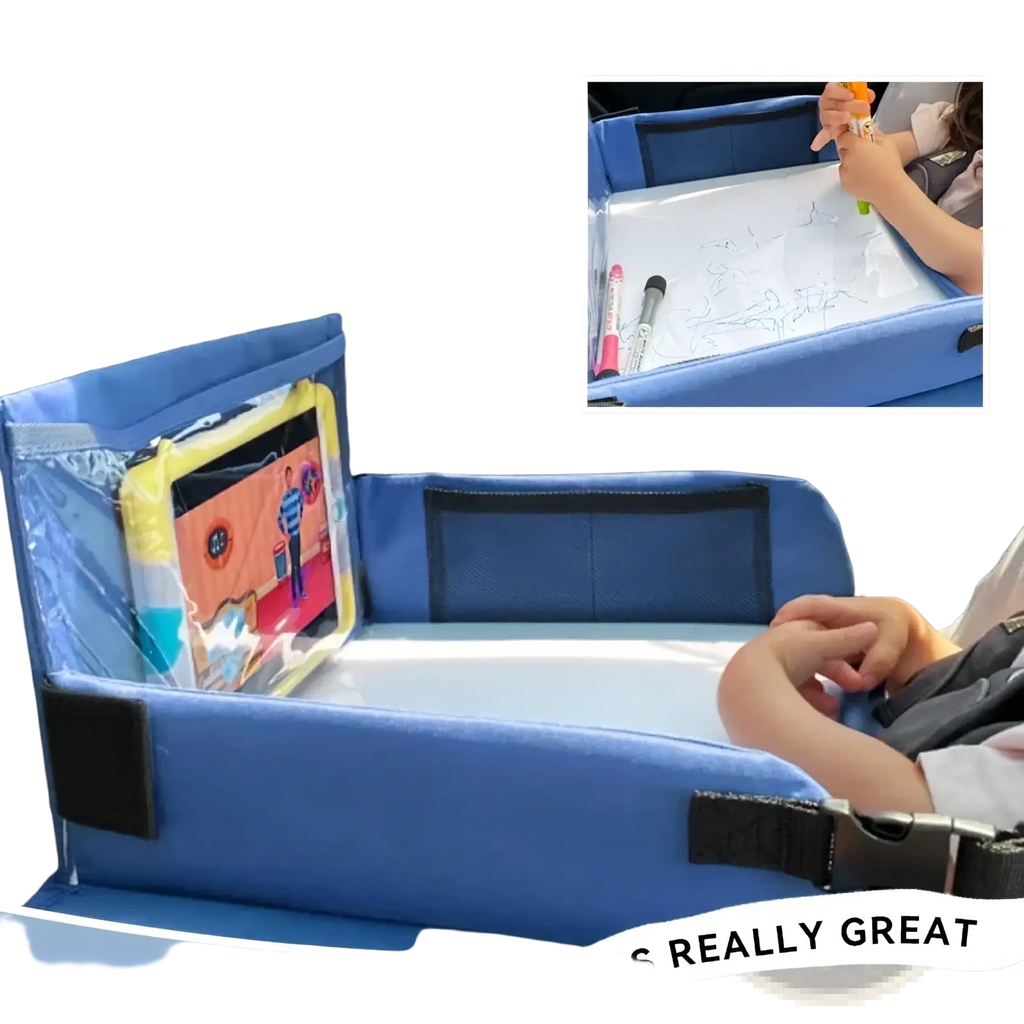 Blue fabric kids travel car seat tray with clear plastic tablet compartment and attached whiteboard drawing surface