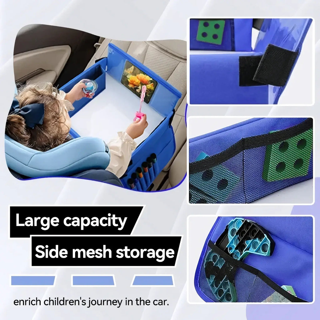 Blue kids travel car seat tray with mesh side pockets, built-in tablet holder, and drawing board for storage and entertainment