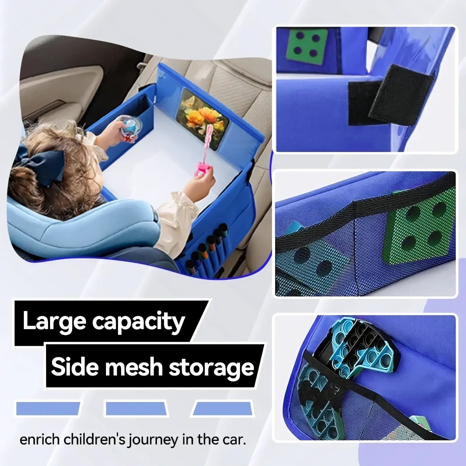 Blue kids travel car seat tray with mesh side pockets, built-in tablet holder, and drawing board for storage and entertainment