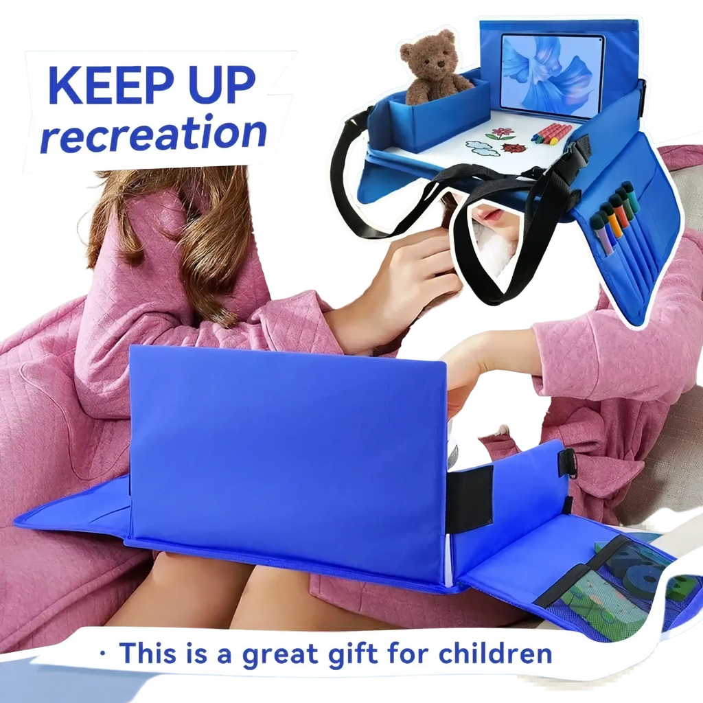 Blue portable laptop desk for kids travel car seat tray with drawing board storage and built-in tablet holder
