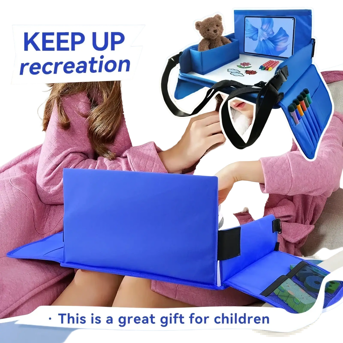 Blue portable laptop desk for kids travel car seat tray with drawing board storage and built-in tablet holder