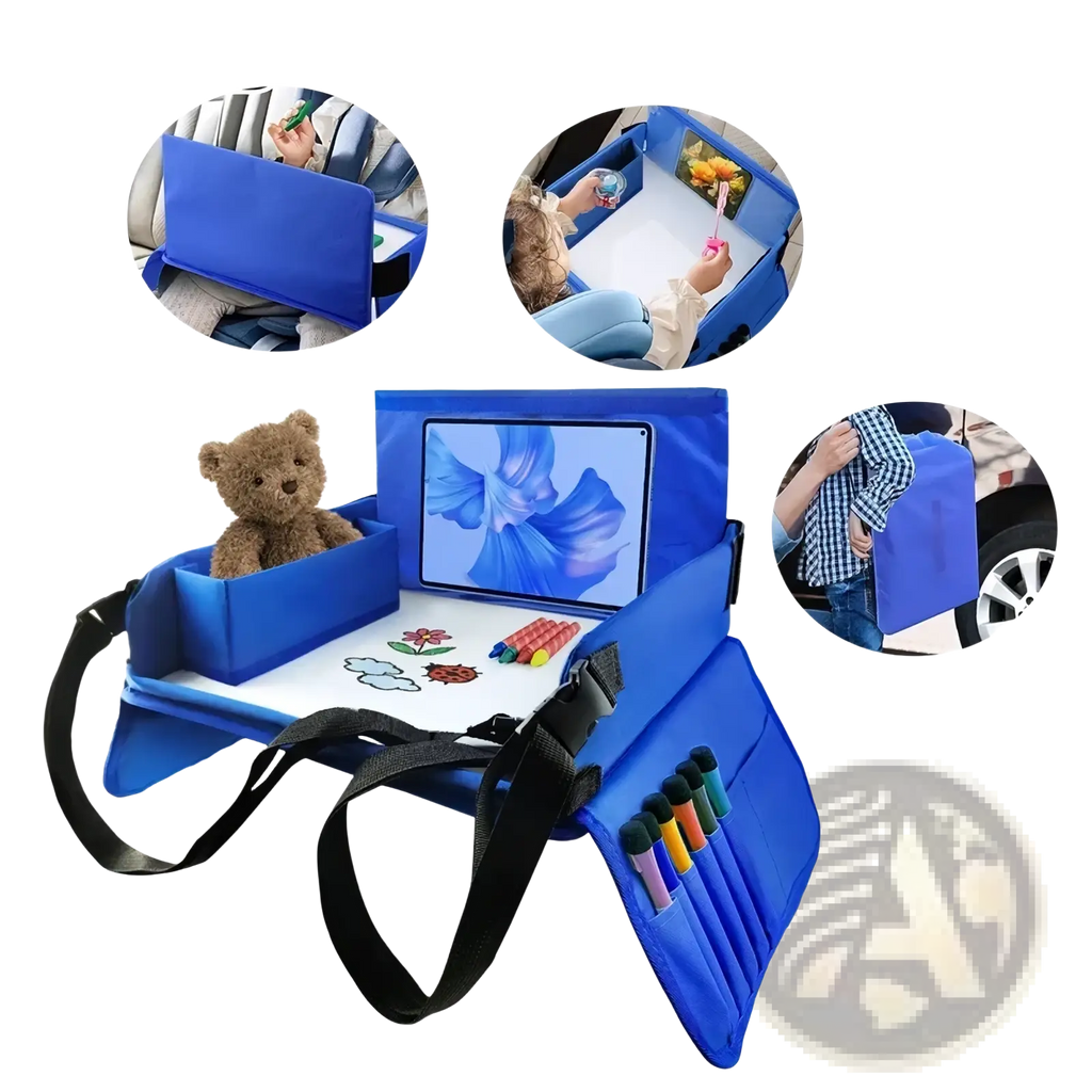 Blue kids travel car seat tray with tablet holder, built-in storage compartments, and plush teddy bear attached