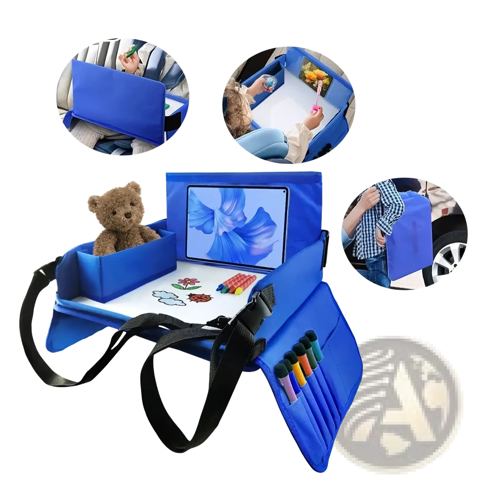 Blue kids travel car seat tray with tablet holder, built-in storage compartments, and plush teddy bear attached