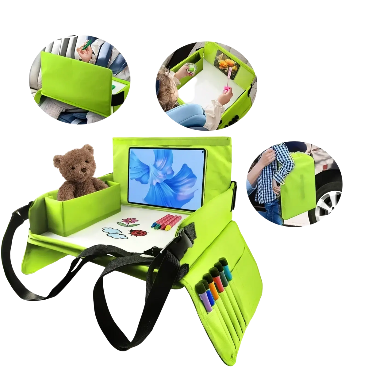 Bright green kids travel car seat tray with tablet holder crayon pockets and plush teddy bear storage compartment