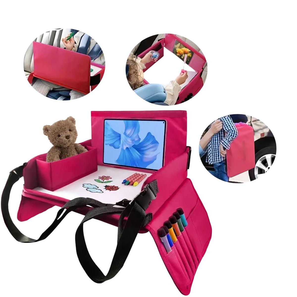 Bright pink kids travel car seat tray with tablet holder storage pockets for crayons and toys and adjustable straps