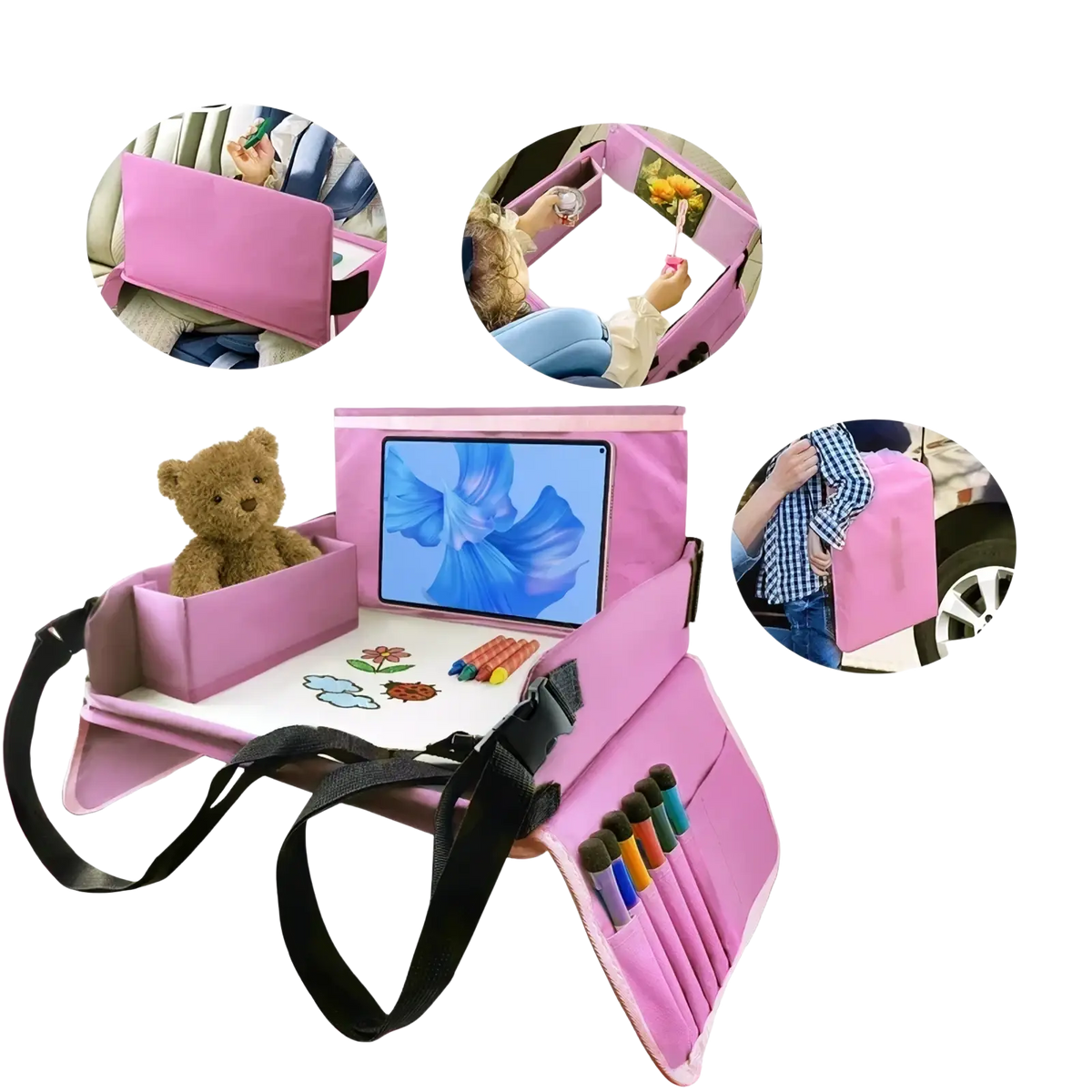 Pink kids travel car seat tray with adjustable straps tablet holder and storage compartments for crayons and toys