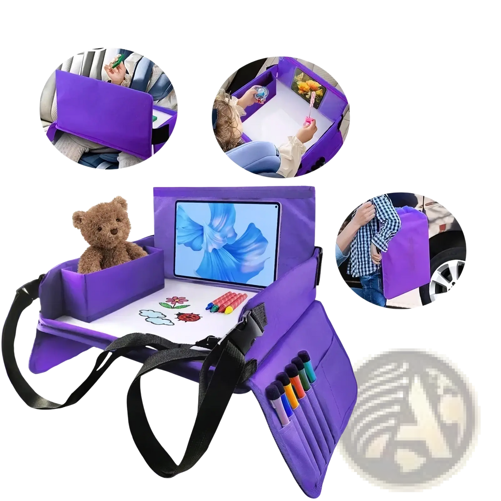 Purple kids travel car seat tray with tablet holder, storage compartments, and adjustable straps for drawing and toys