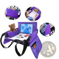 Purple kids travel car seat tray with tablet holder, storage compartments, and adjustable straps for drawing and toys