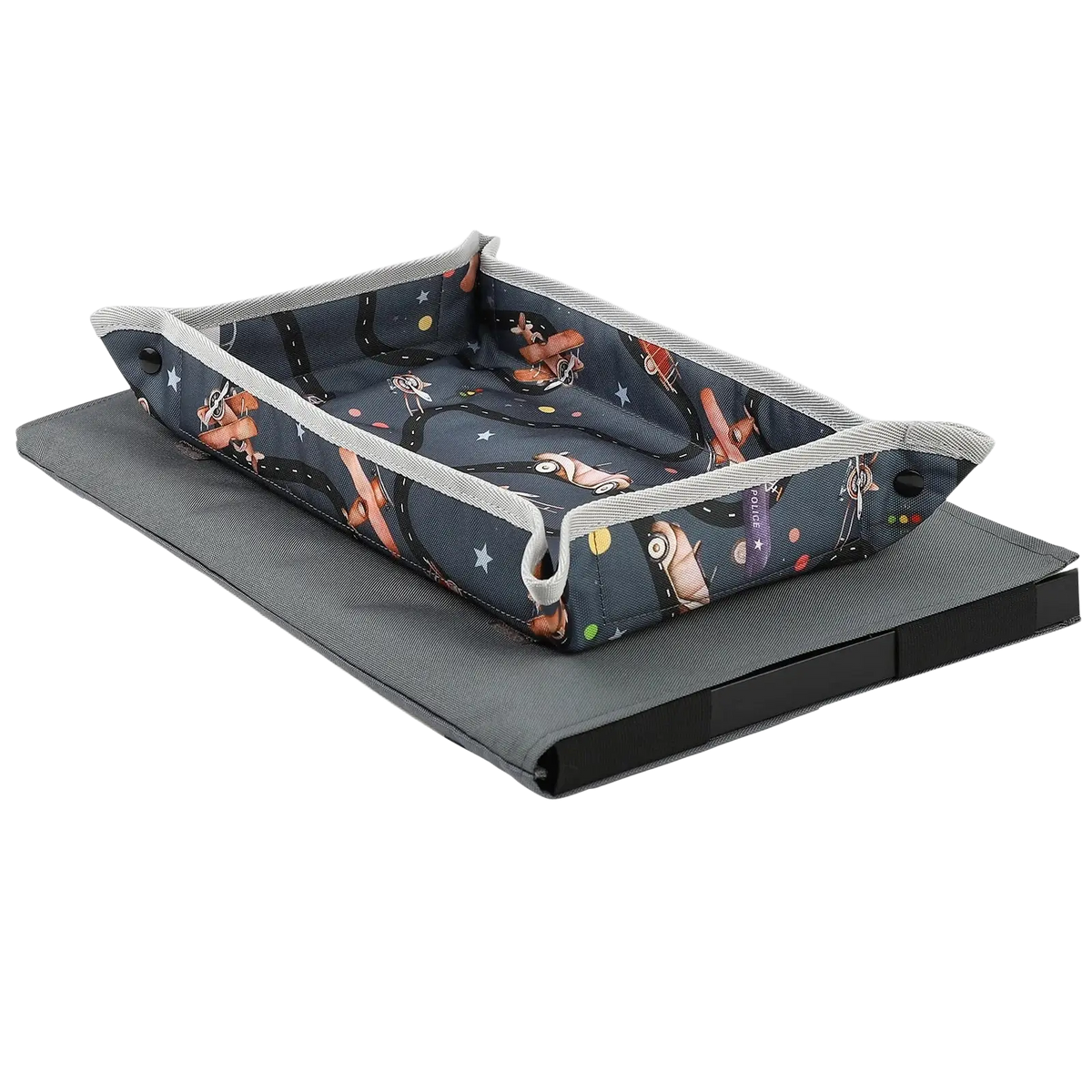 Dark gray fabric pet bed with playful space-themed pattern of cartoon cars stars and planets for kids travel tray airplane lap desk alpaca pink
