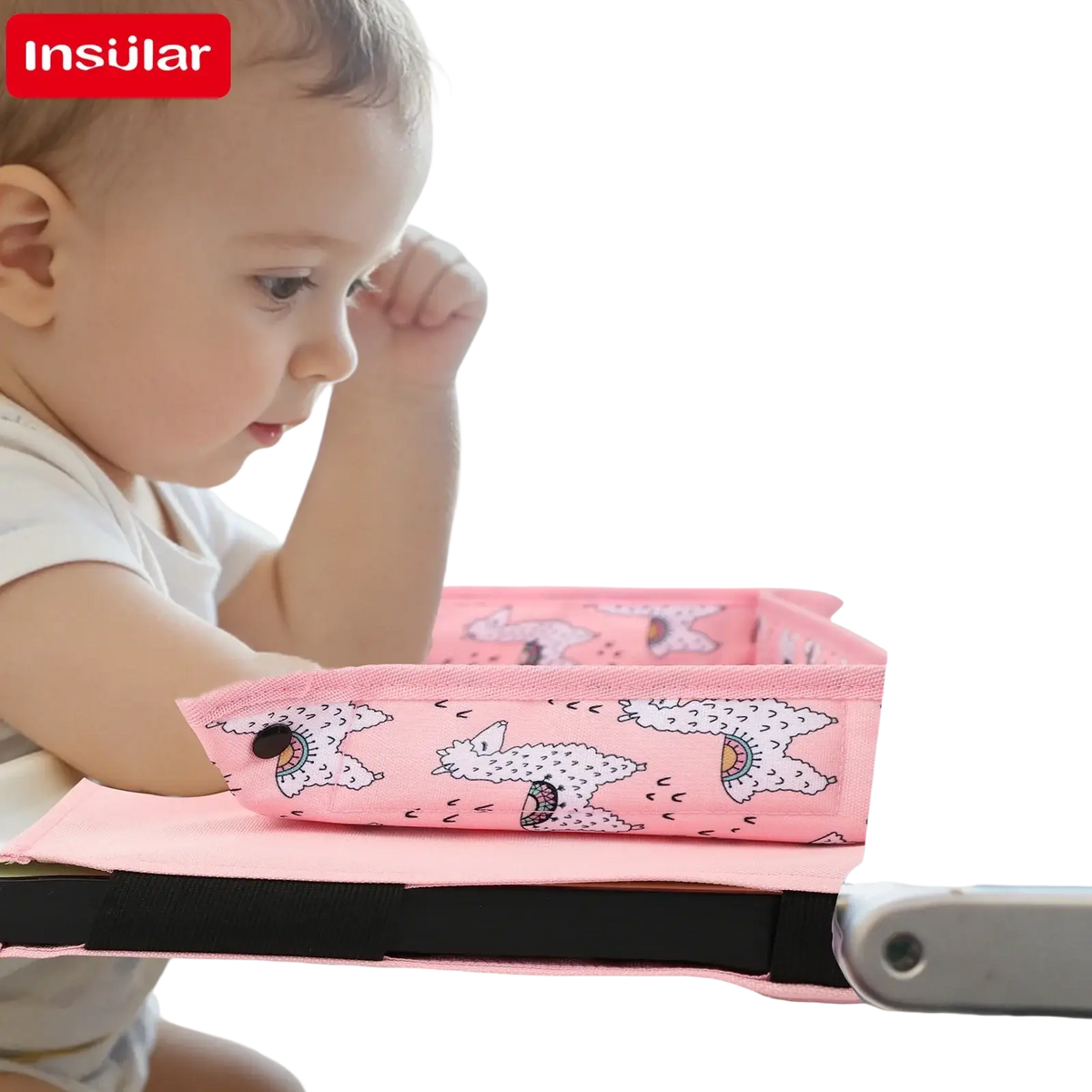 Kids travel tray airplane lap desk with a pink insular cover featuring a playful alpaca pattern