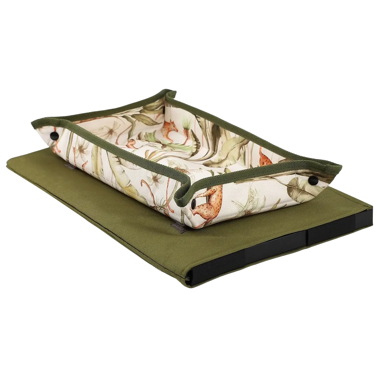 Insular rectangular pet bed with cream fabric featuring green leaves and orange squirrels with olive green piping for kids travel tray airplane lap desk alpaca pink