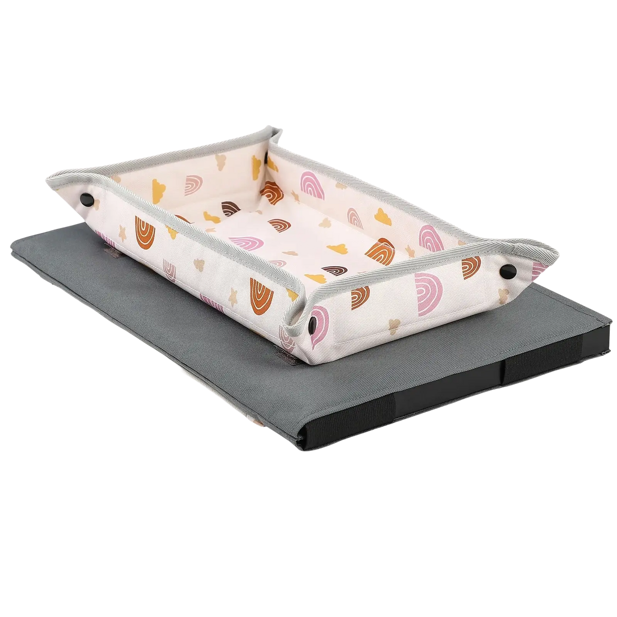 Insular baby changing pad with white fabric, colorful rainbow hearts, gray trim for kids travel tray airplane lap desk alpaca pink