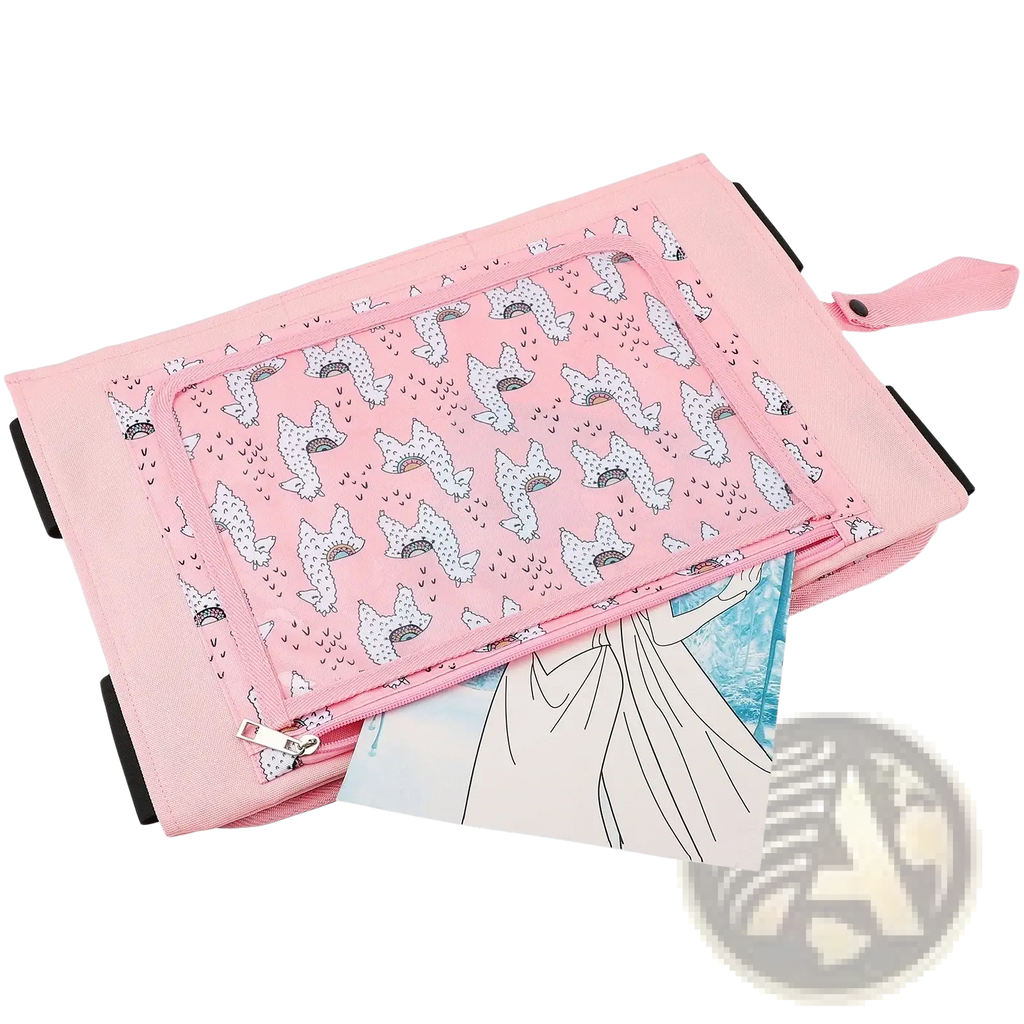 Kids travel tray airplane lap desk alpaca pink with a pink insular organizer featuring playful white shark pattern and black zipper pulls