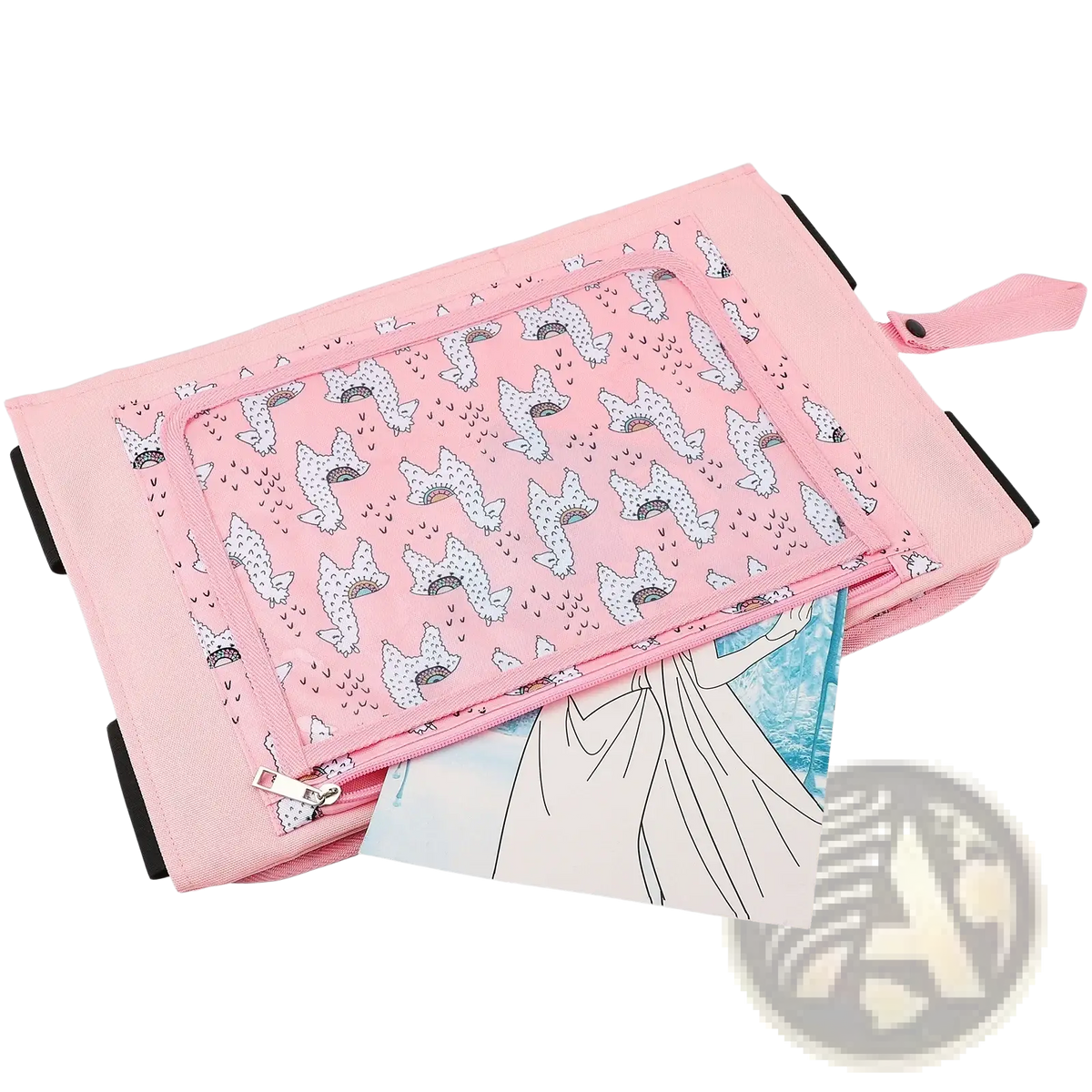 Kids travel tray airplane lap desk alpaca pink with a pink insular organizer featuring playful white shark pattern and black zipper pulls