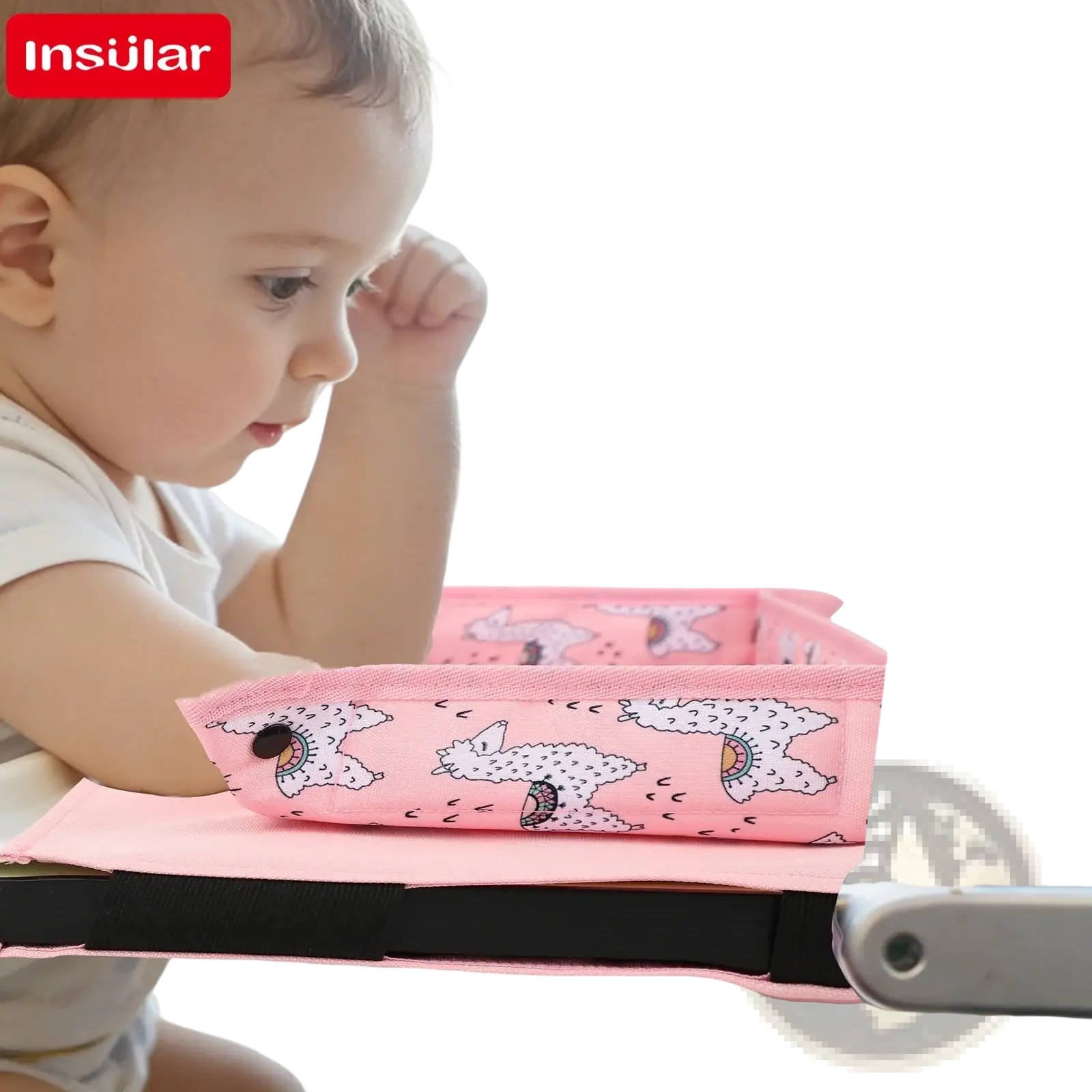 Kids travel tray airplane lap desk with a pink insular cover featuring a playful alpaca pattern
