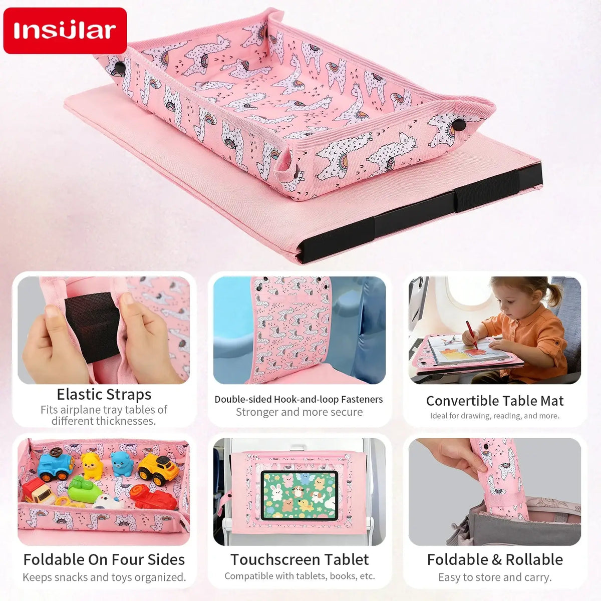 Kids travel tray airplane lap desk in pink with playful alpaca pattern and elastic straps for secure fit