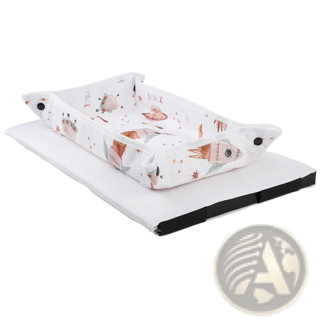 Kids travel tray airplane lap desk alpaca pink with white insular baby changing pad and playful pink rocket alien fabric