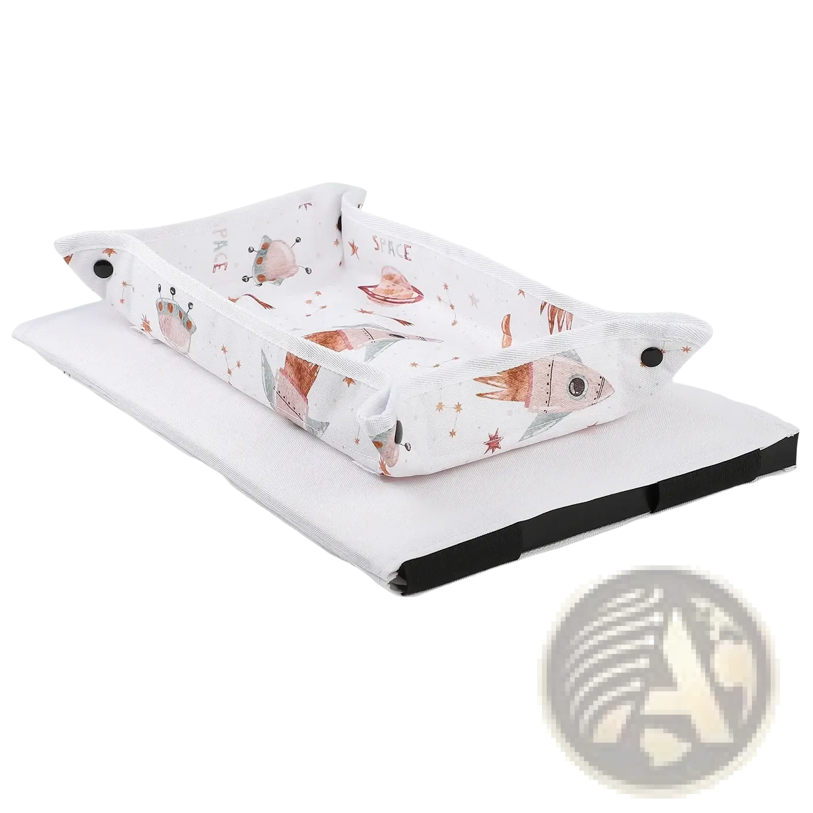 Kids travel tray airplane lap desk alpaca pink with white insular baby changing pad and playful pink rocket alien fabric