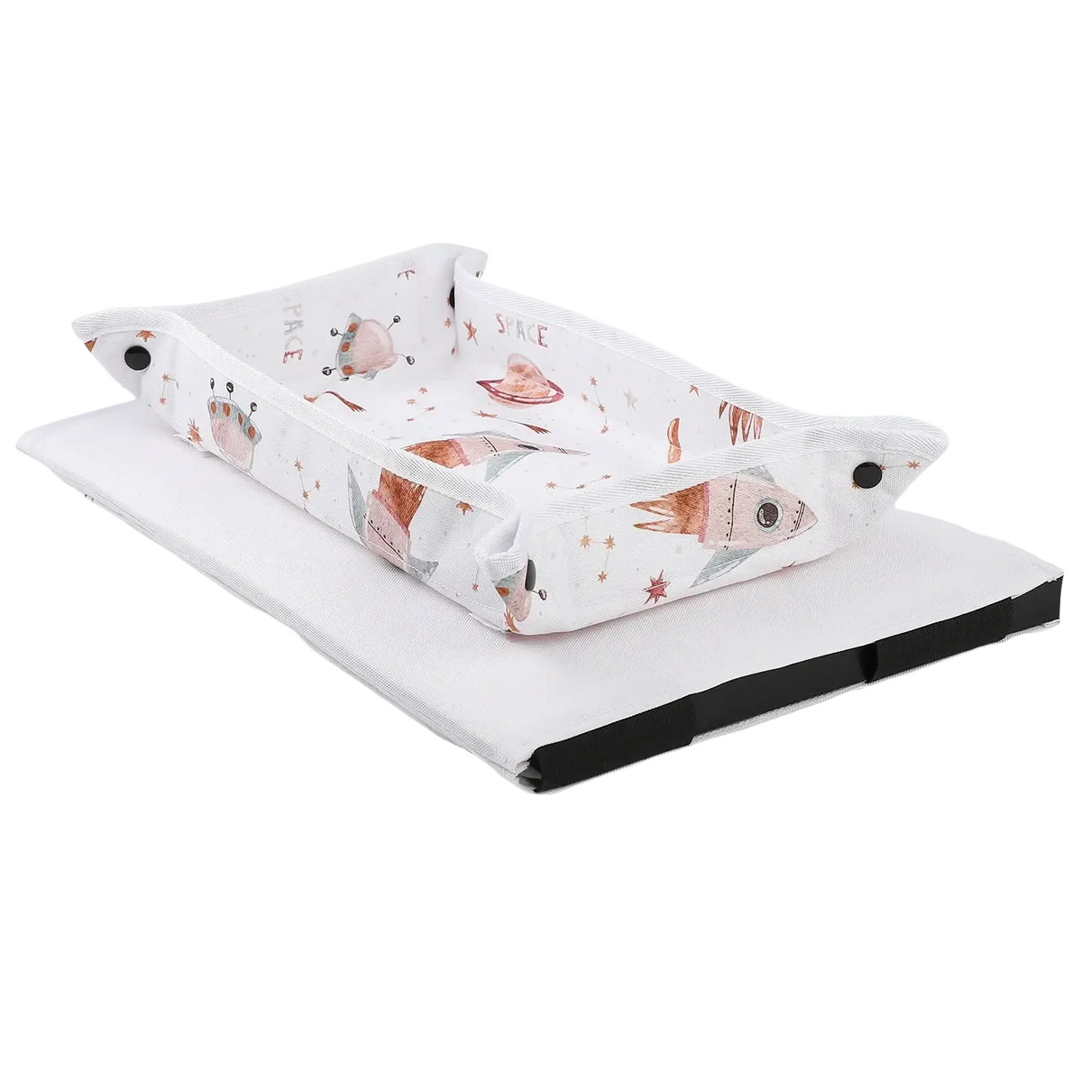 Kids travel tray airplane lap desk alpaca pink with white insular baby changing pad and playful pink rocket alien fabric
