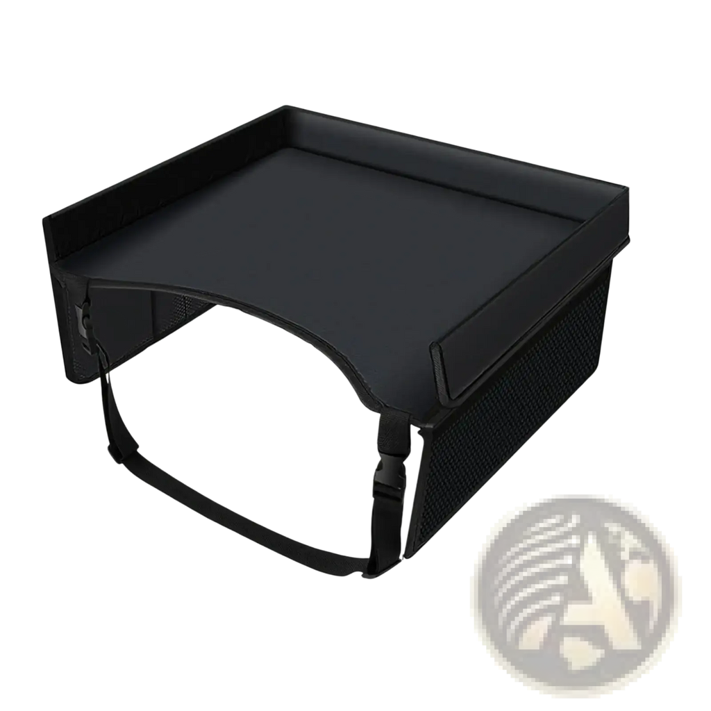 Black faux leather kids travel tray for car and airplane with mesh sides and adjustable straps shown from the back side