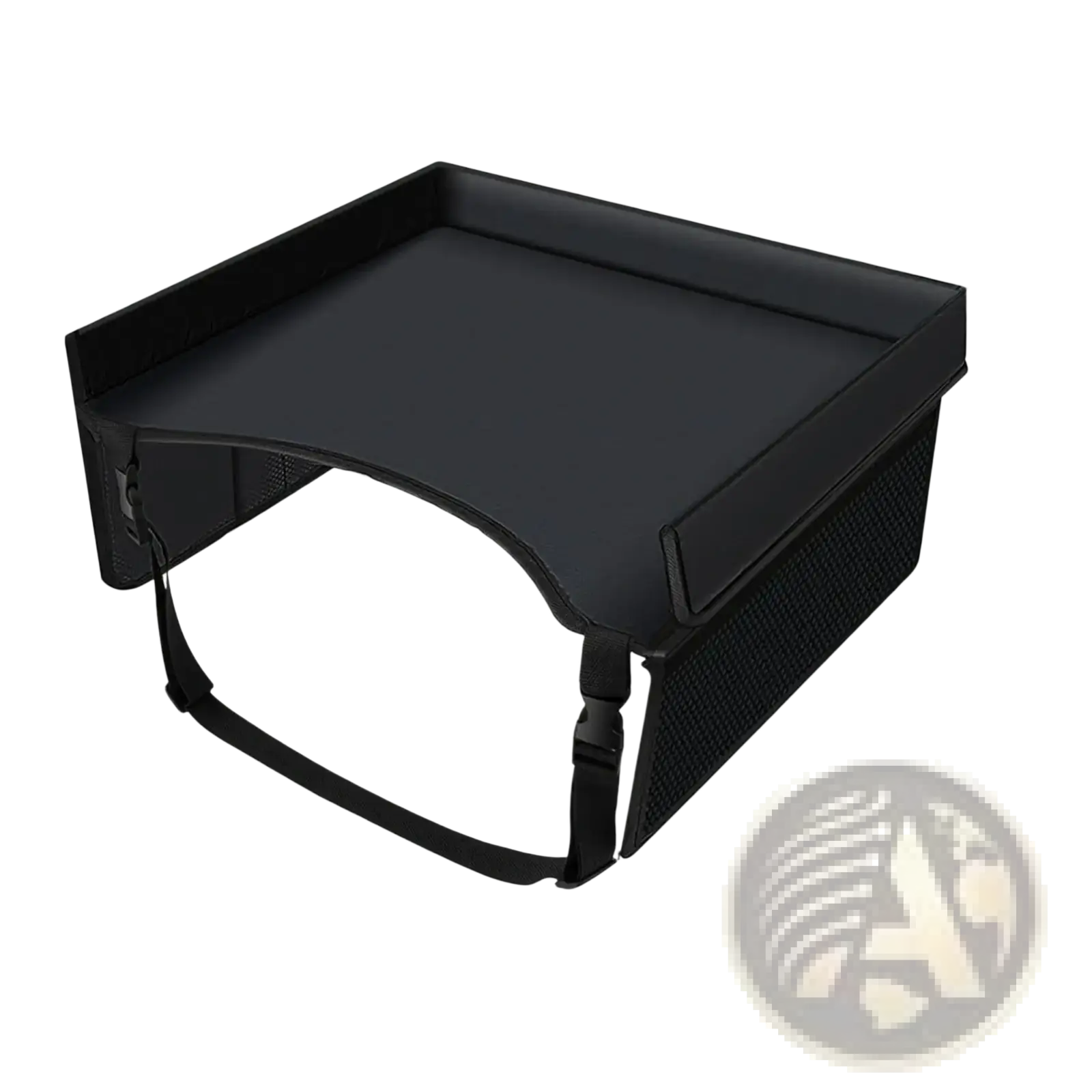 Black faux leather kids travel tray for car and airplane with mesh sides and adjustable straps shown from the back side