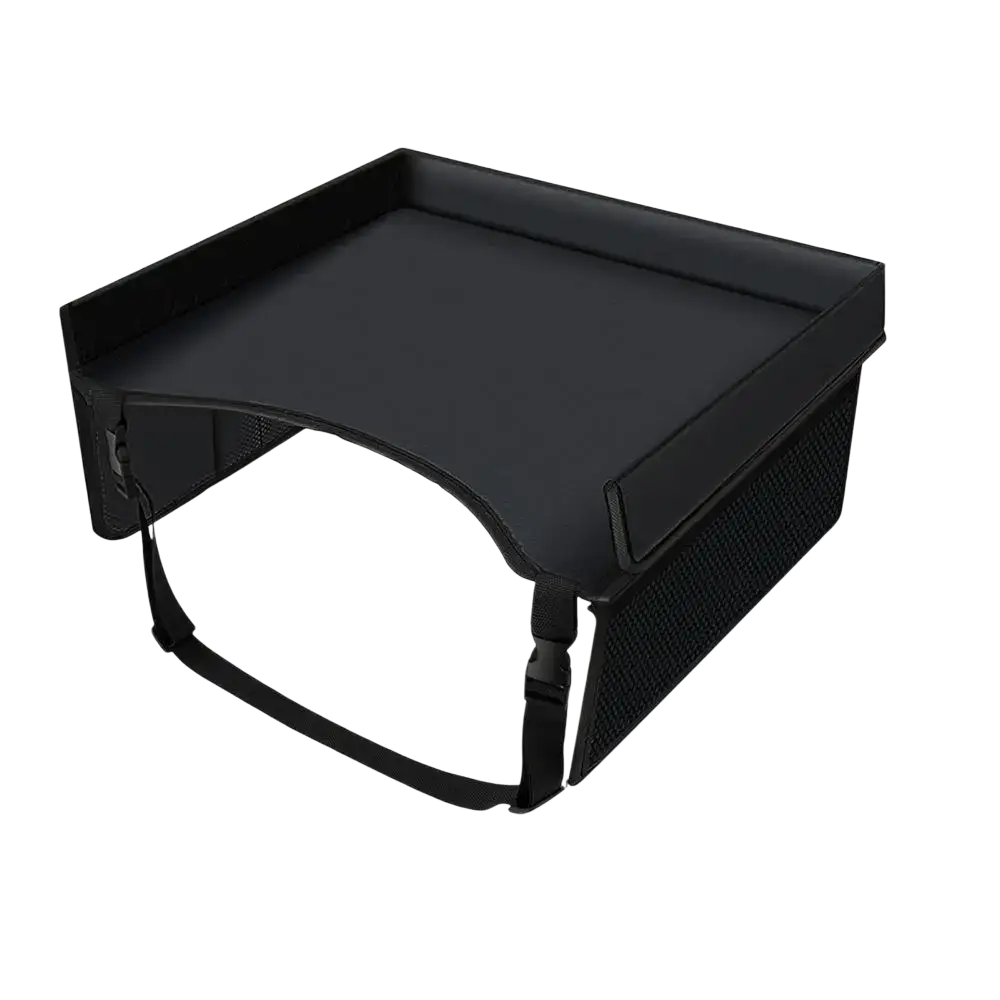 Black kids travel tray for car and airplane with mesh side panel and adjustable straps shown from the back side