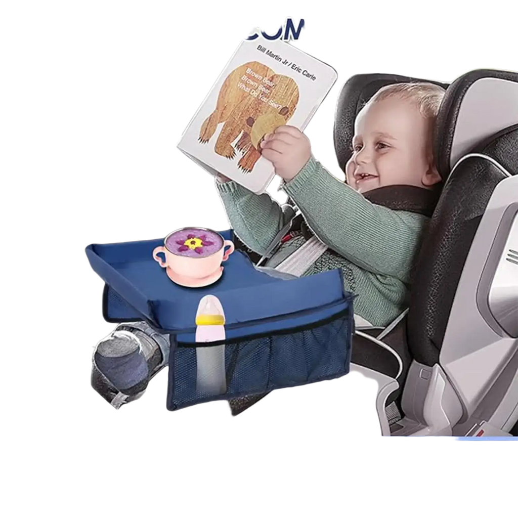 Blue fabric kids travel tray for car and airplane with mesh pockets and padded surface for comfort and storage