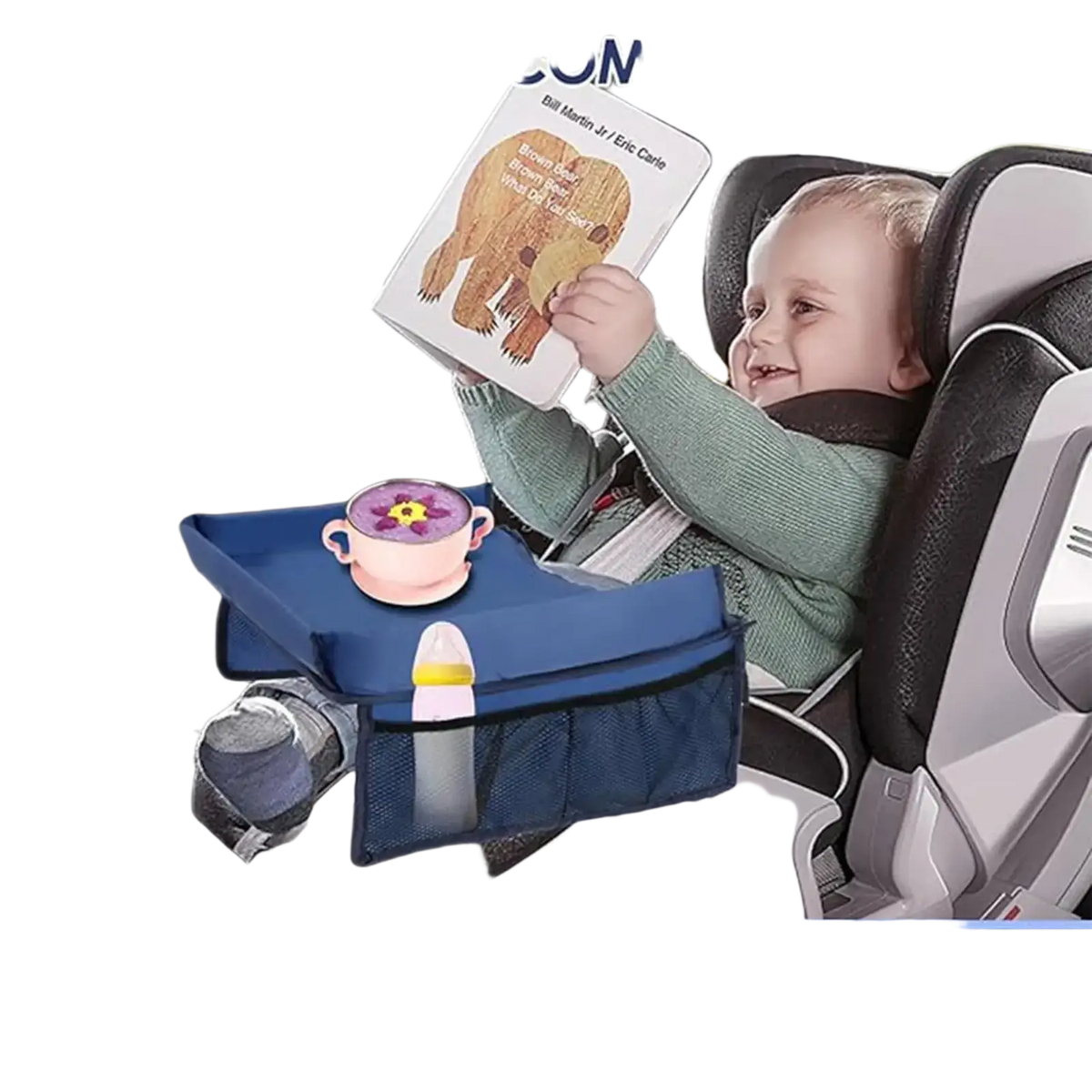 Blue fabric kids travel tray for car and airplane with mesh pockets and padded surface for comfort and storage
