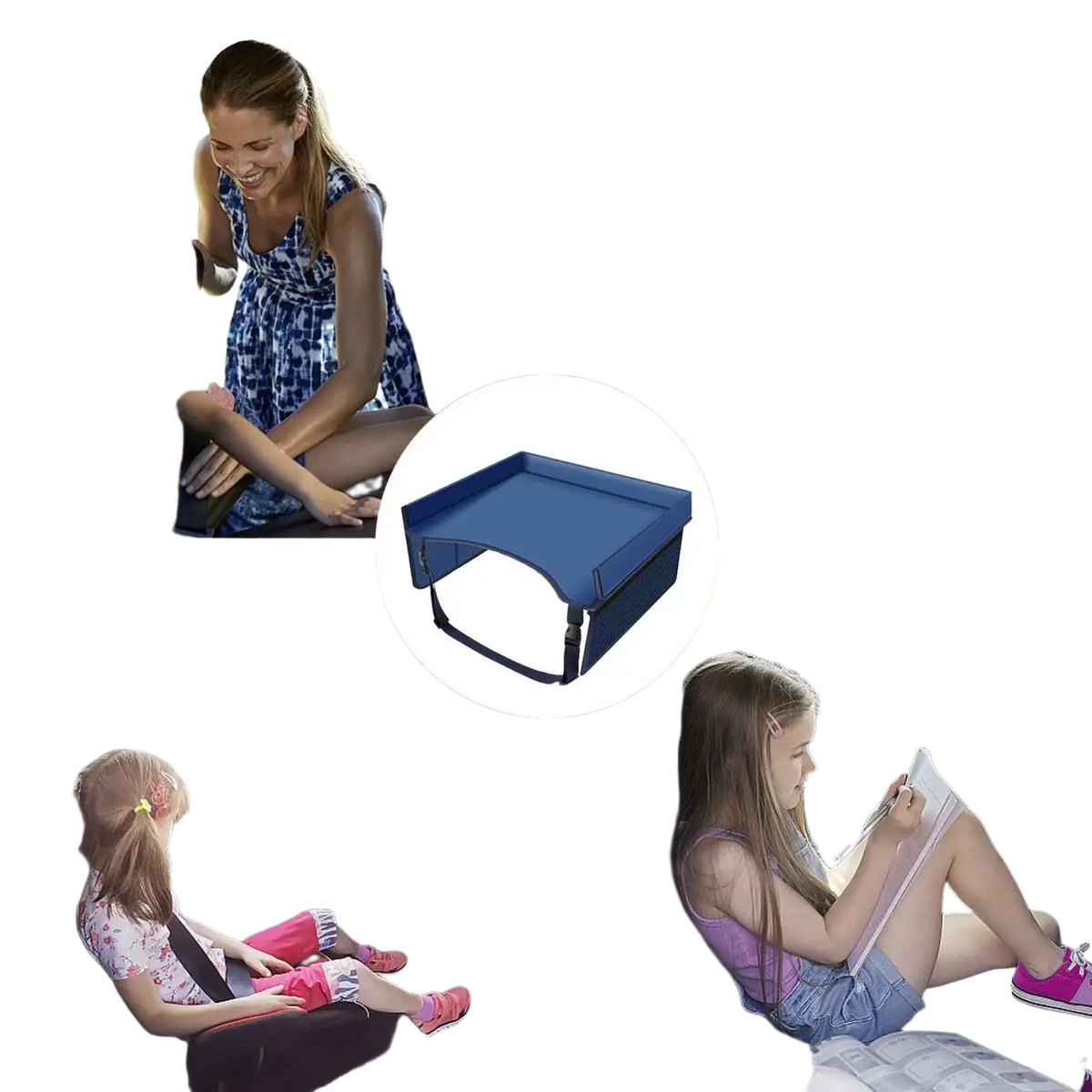 Blue fabric kids travel tray for car and airplane with adjustable straps and padded edge for comfort and stability