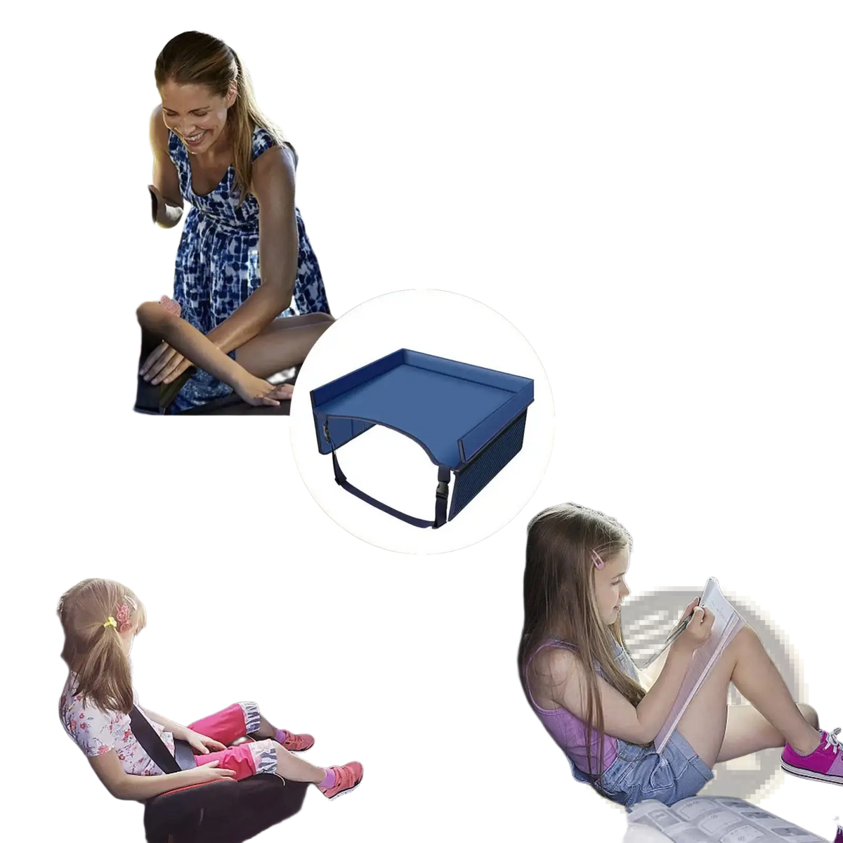 Blue fabric kids travel tray for car and airplane with adjustable straps and padded edge for comfort and stability