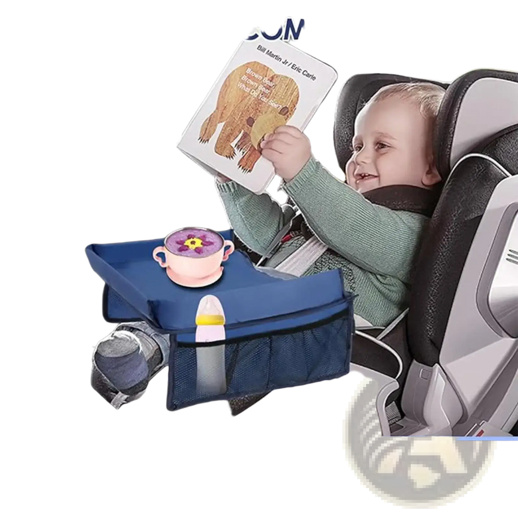 Blue fabric kids travel tray for car and airplane with mesh pockets and padded surface for comfort and storage