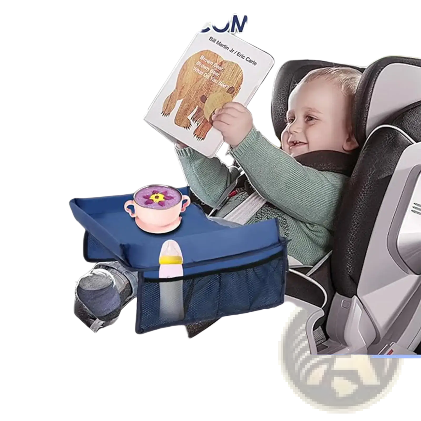 Blue fabric kids travel tray for car and airplane with mesh pockets and padded surface for comfort and storage