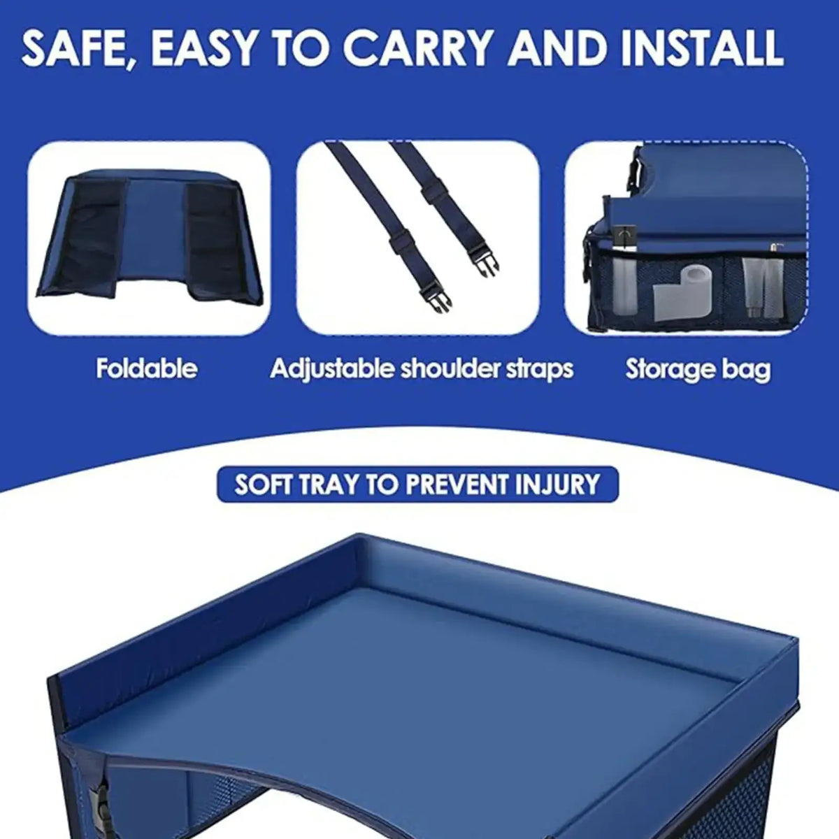 Blue foldable kids travel tray for car and airplane with adjustable shoulder straps and a matching storage bag